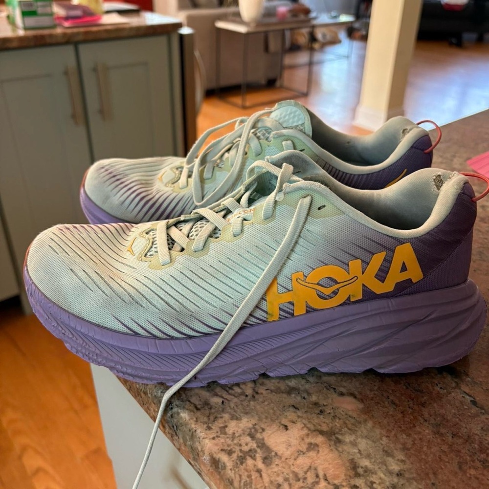 Hoka Light Blue and Lavender Cushioned Running Sneakers with Yellow Logo